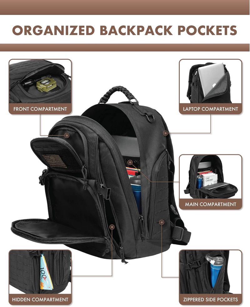 Military Tactical Backpack 40L - Lightweight Molle EDC Daypack for Hiking & Camping | Black