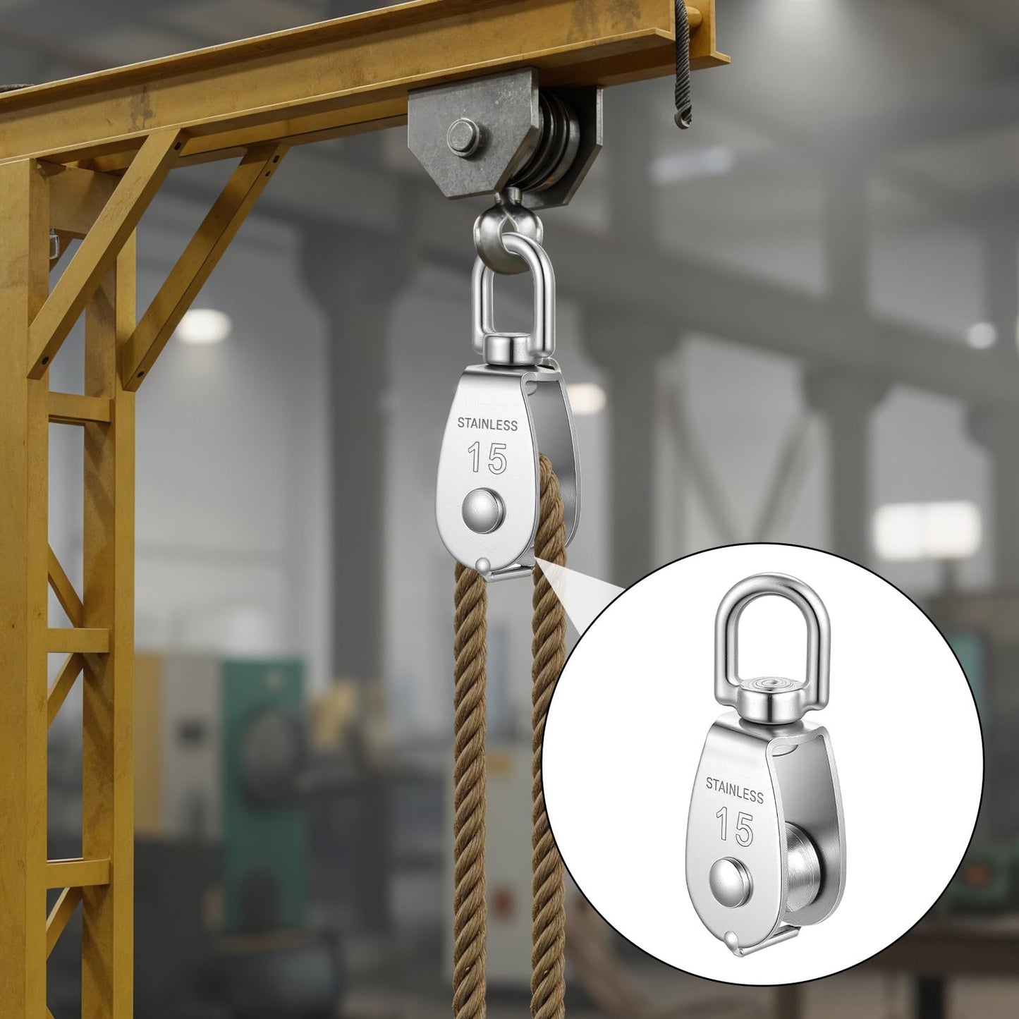 12 Pack M15 Pulleys for Rope, 304 Stainless Steel Wire Rope Cable Pulley, Heavy Duty Swivel Pulley Wheel Hanging Wire Towing Wheel for Lifting