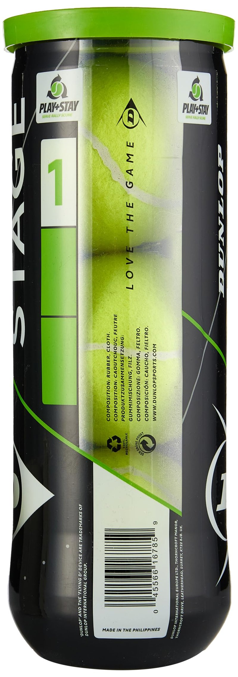 Dunlop Sports Stage 1 Tennis Ball, Green (Black), 3 Ball can