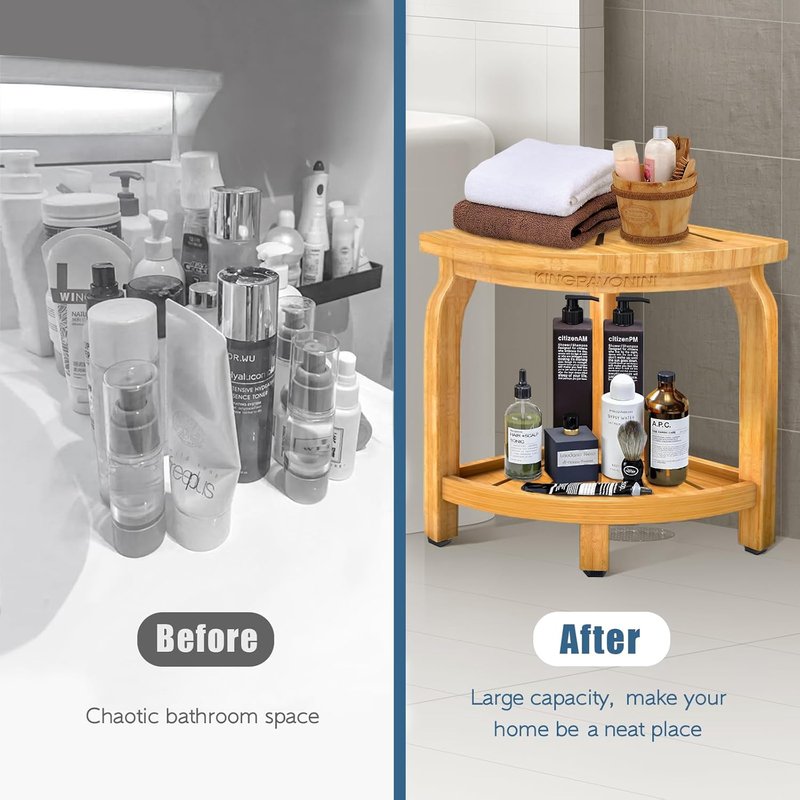 Bamboo Corner Shower Stool - Waterproof Bath Bench with Storage Shelf | Holds Up to 450 lbs