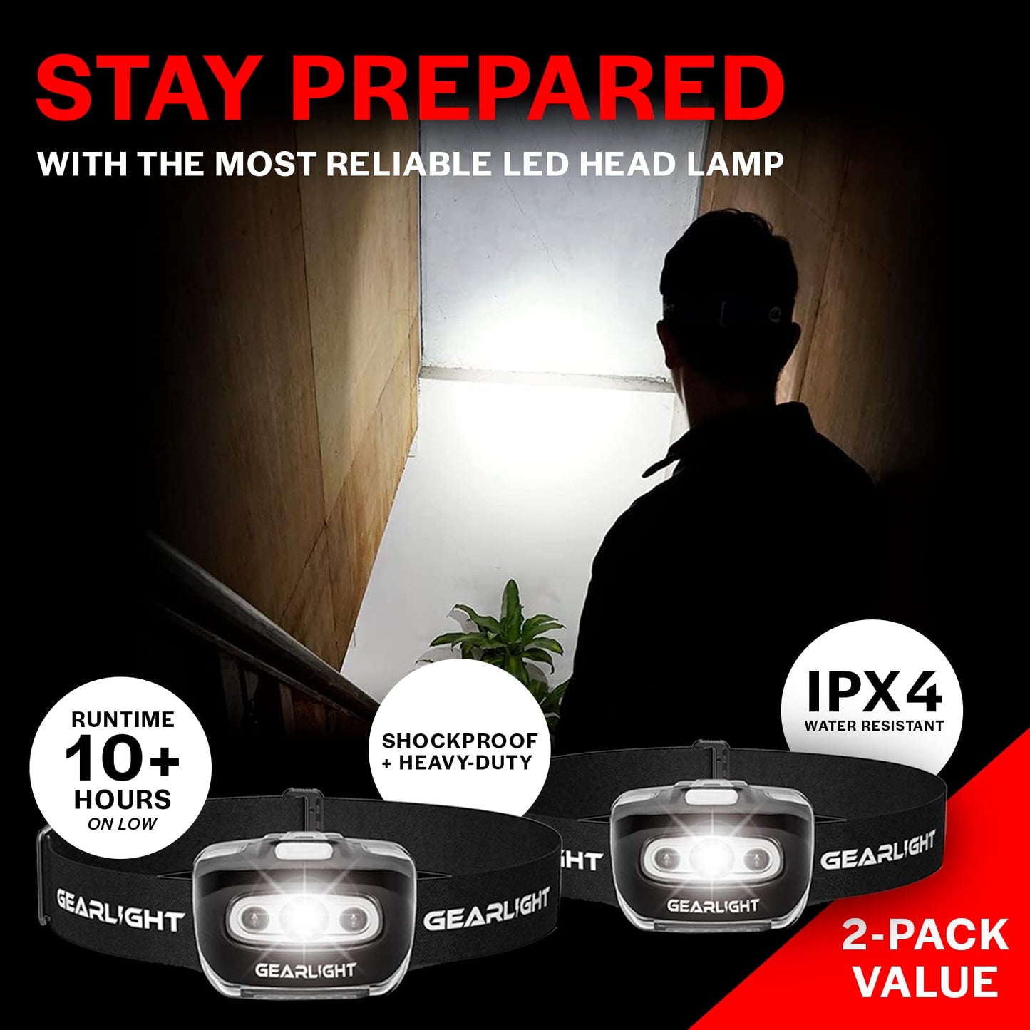 GearLight 2Pack LED Headlamp - Outdoor Camping Head Lamps with Adjustable Headband - Lightweight Battery Powered Bright Flashlight Headlight with 7 Modes and Pivotable Head and Red Light