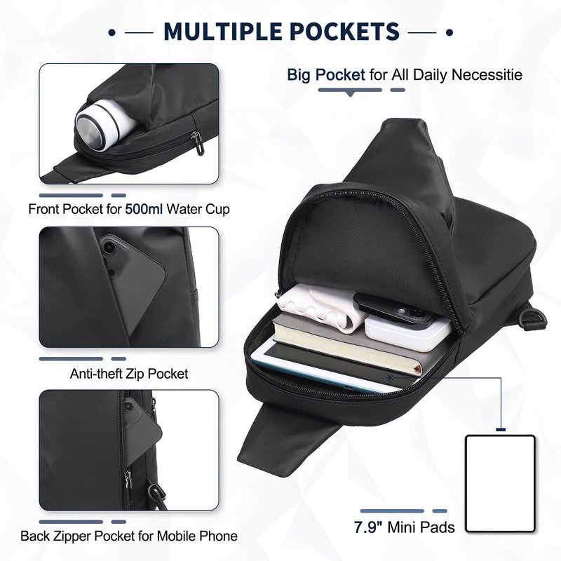 DTGN Small Sling Bag, Waterproof Crossbody Chest Bags Lightweight Daypack for 7.9" Tablet for Men Women, Black