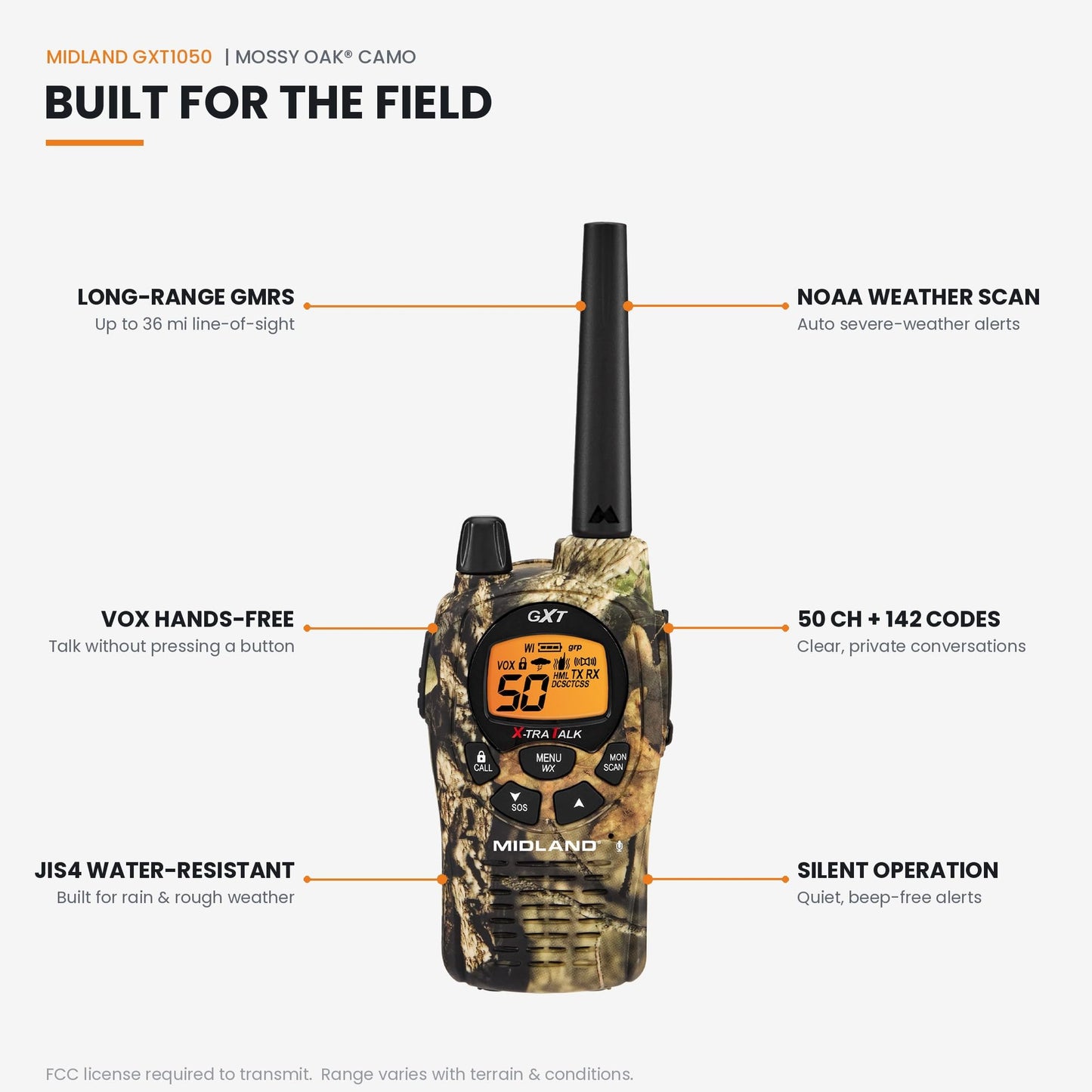 Midland GXT1050VP4 GMRS Two-Way Radio (50-Channel, Long Range, 142 Privacy Codes, SOS, NOAA, Rechargeable Nickle Battery, Mossy Oak Camo, 2-Pack)