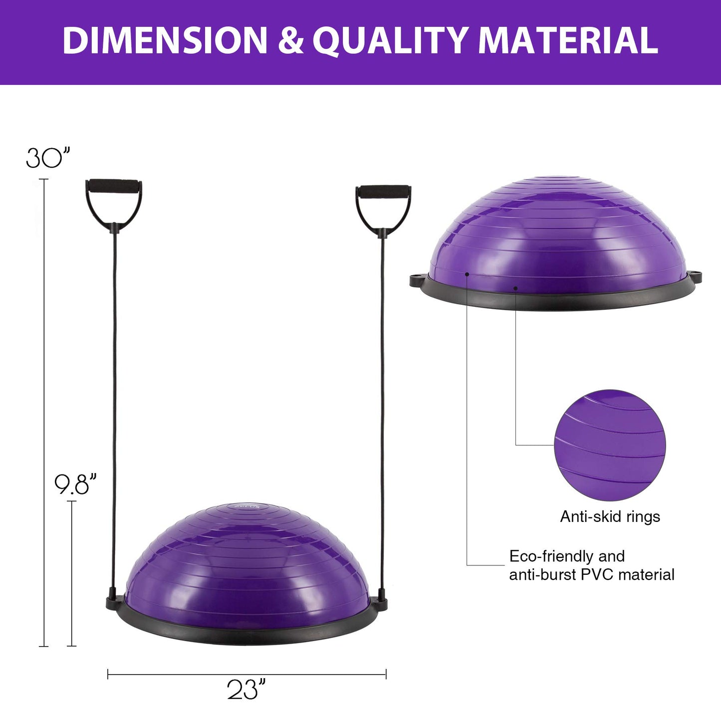 ZELUS Balance Ball Trainer Half Yoga Exercise Ball with Resistance Bands and Foot Pump for Yoga Fitness Home Gym Workout (Purple)