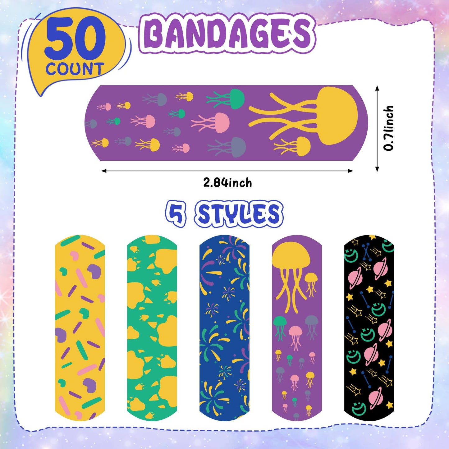 50 Count Kids Bandaids, Glow in The Dark & Waterproof Bandages, One Size Cute Bandaids for Kids and Adults, 5 Styles Adhesive Bandages for Minor Cuts, Scrapes, Wounds and First Aid