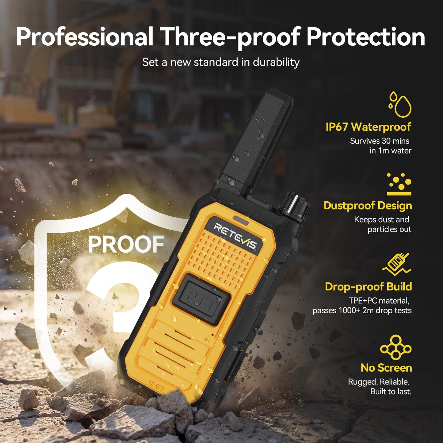 Retevis RB48A Heavy-Duty Waterproof Walkie Talkies, Rugged & Shockproof Two Way Radios Long Range, IP67, Noise Reduction, Oversized Front PTT, 23-Hour Battery, Antenna ID Rings, NOAA (4 Pack)