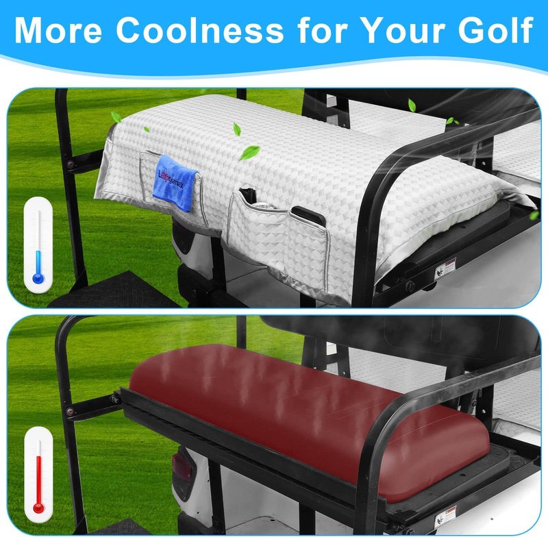 LEAPGOMAX Golf Cart Rear Seat Cover, Universal Cooling Ice Silk Golf Cart Back Seat Blanket for EZGO Club Car Yamaha, Breathable Fabric with 4 Pockets and Safety Straps