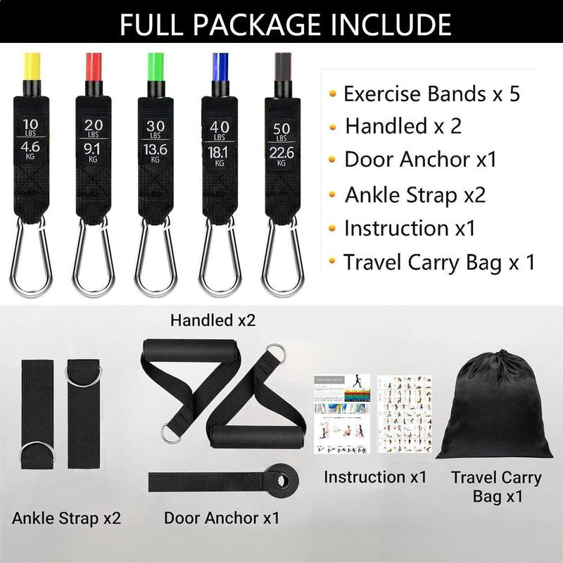 Resistance Bands Set, Exercise Bands, Work Out Bands with Handles, Up to 150lbs, Color Coded Exercise Bands, Exercise Guide, Storage Bag