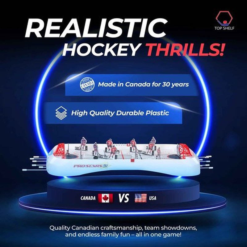 TOP SHELF Pro Stars: Ultimate Table Hockey Game - 28" x 14" Arcade Thrills for Adults & Family - Realistic Bubble Dome Rod - Official CTHA Tournament Quality - All-in-One Ice Hockey Fun
