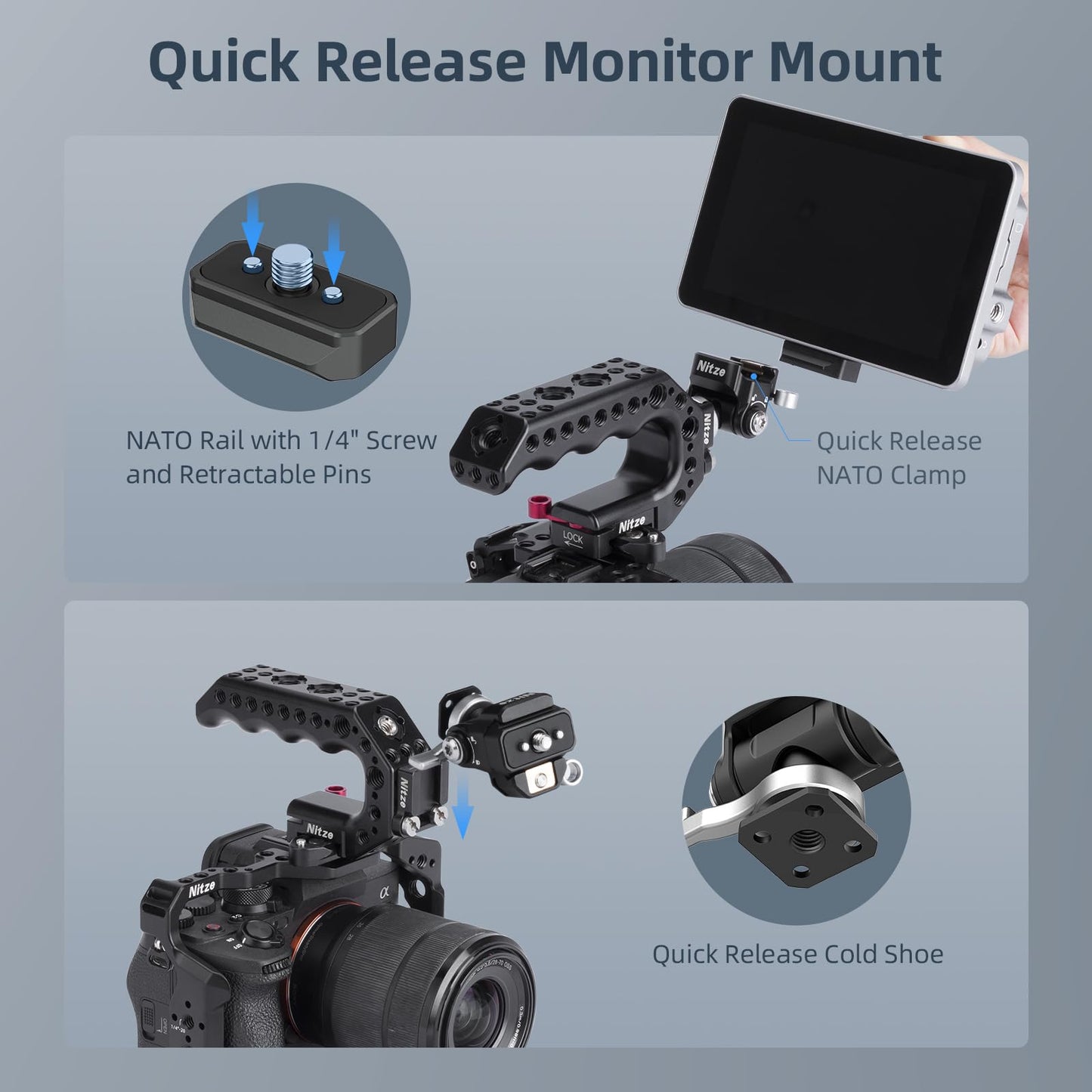 Nitze Quick Release Camera Monitor Mount (NATO Rail with 1/4” Screw and Retractable Pins to Cold Shoe), Field Monitor Mount with Adjustable NATO Clamp, 170° Tilt and 360° Pan - N54-S1