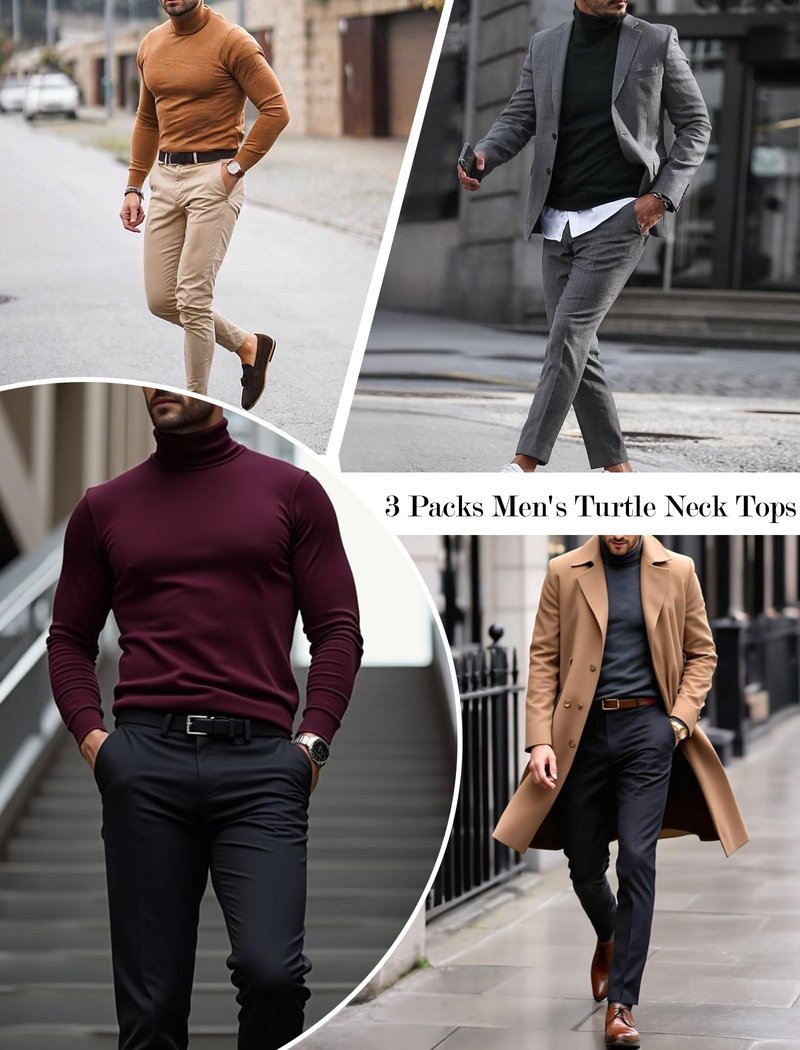 Ekouaer 3 Packs Men Turtle Neck Shirts Long Sleeve Thermal Tops Causal Lightweight Pullover Black/Khaki/White L