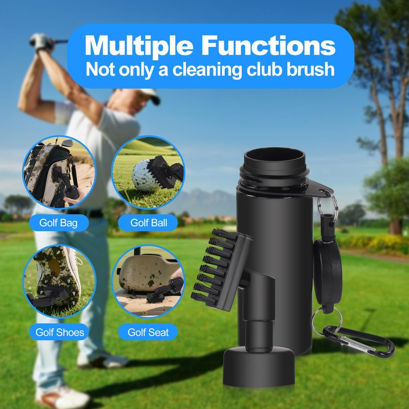 BIVASMWATH Golf Club Brush Cleaner with Water Bottle 7.5 Inches Holds 4 Ounces of Water - 2 Pack Pro Golf Club Cleaner Brush with Heavy Duty Retractable Clip - Golf Accessories (Black)