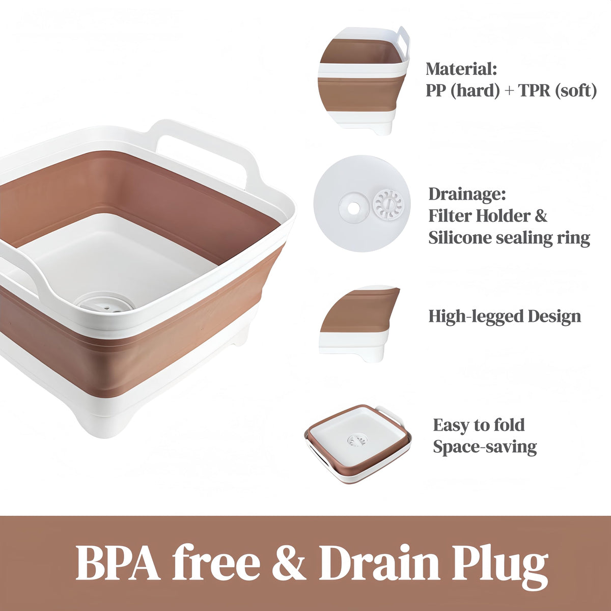 GIMWA Collapsible Wash Basin for Baby Bottles - 2.4 Gallons Portable Wash Bin for RV Camping Sink, Space-Saving Dish Tub (Mocha)