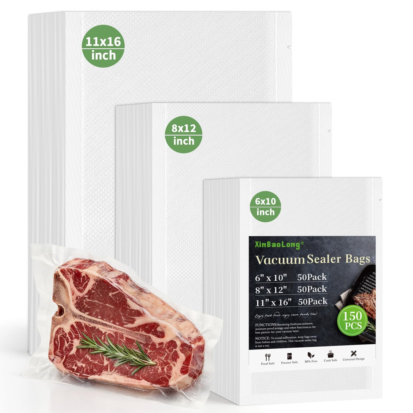 Vacuum Sealer Bags, 11"x16" Gallon, 8"x12" Quart, 6"x10" Pint, 150Pcs