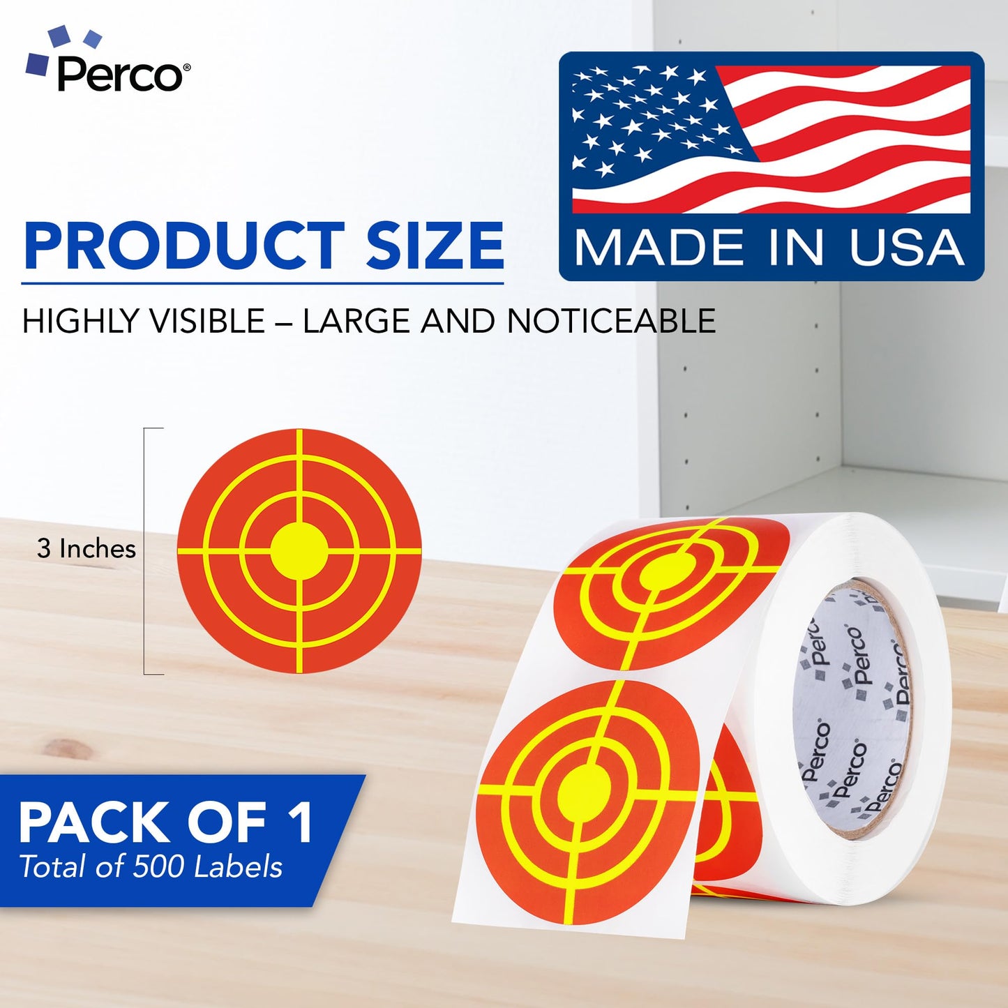 3-Inch Perco Red with Fluorescent Yellow Rings Shooting Target Stickers—Bullseye Targets with No Splatter Effect for Rifles, Handguns, BB Guns, Indoor & Outdoor Shooting—Made in USA —500 Stickers/Roll