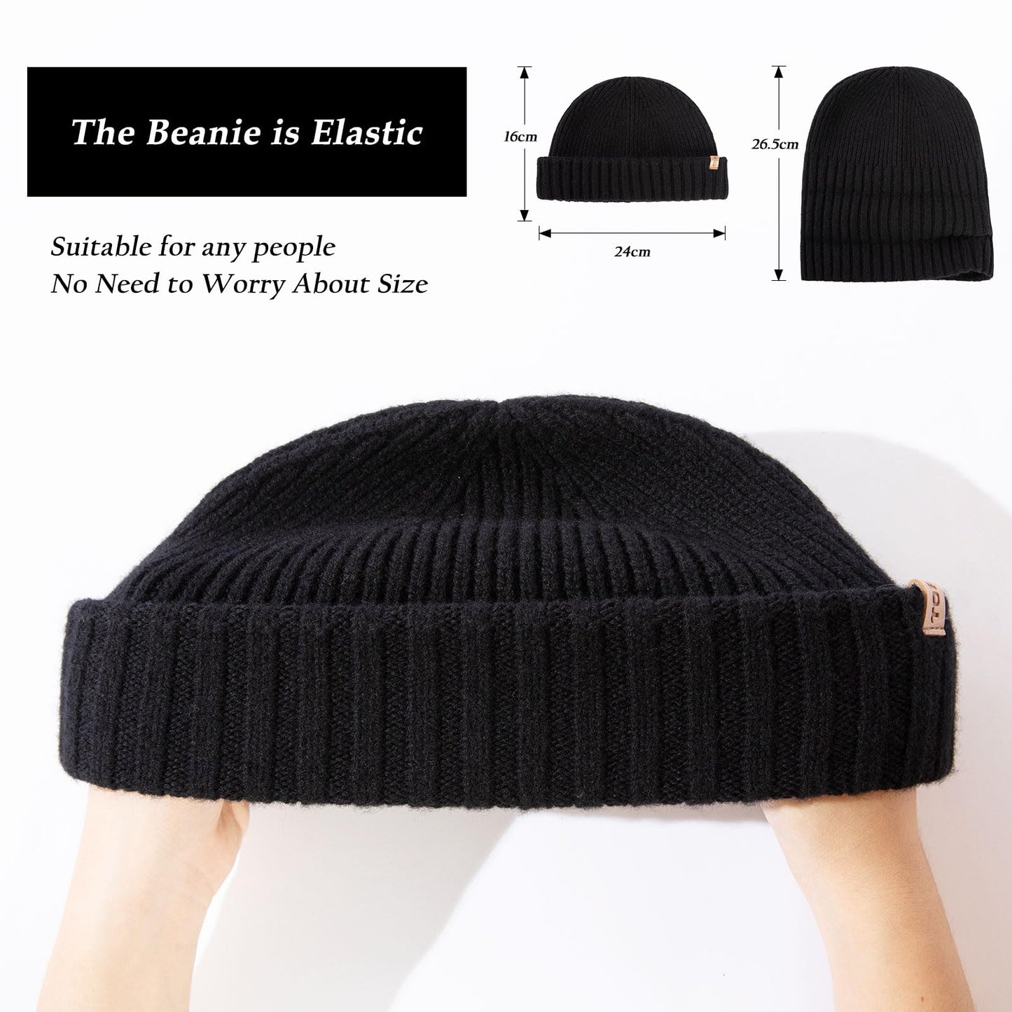 TOP-EX XL/XXL 100% Merino Wool Short Fisherman Beanie Hats for Men Women Knit Skull Cap Cuffed Beanie Warm Winter Hats Daily Hat Large Head Hat Black XL/XXL