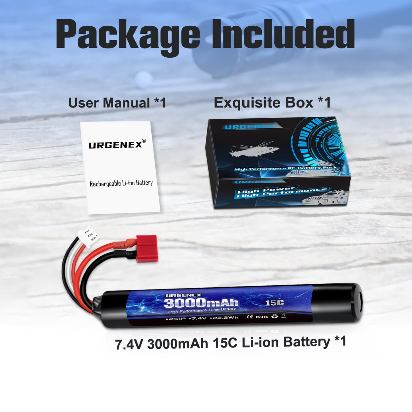 URGENEX 3000mAh Airsoft Battery 7.4V Stick Battery with Dean-Style T Plug 2S Rechargeable Stick Shape RC Lithium-ion Fit for Most Airsoft Model Guns Rifles