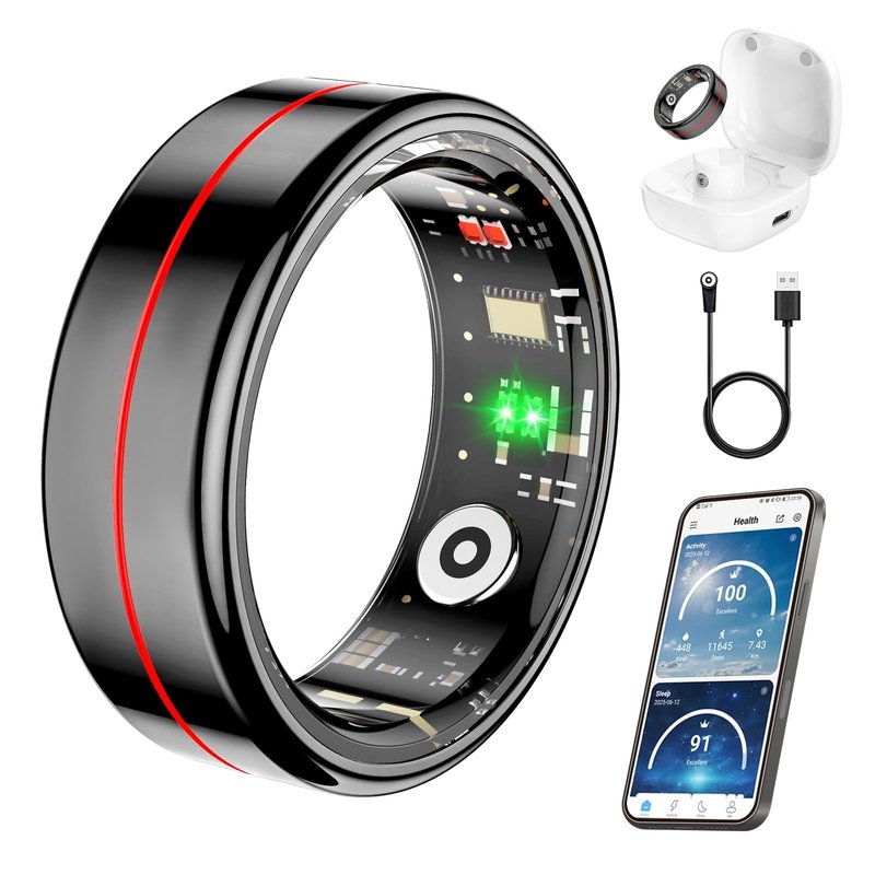 Fit Ring, Smart Health Rings for Women Men with Heart Rate,Blood Oxygen,HRV,Stress Level, Sleep Monitor, Step Tracker, No Subscription Fee, IP68 Waterproof Smart Ring for iphone &Android (Black, 7#)