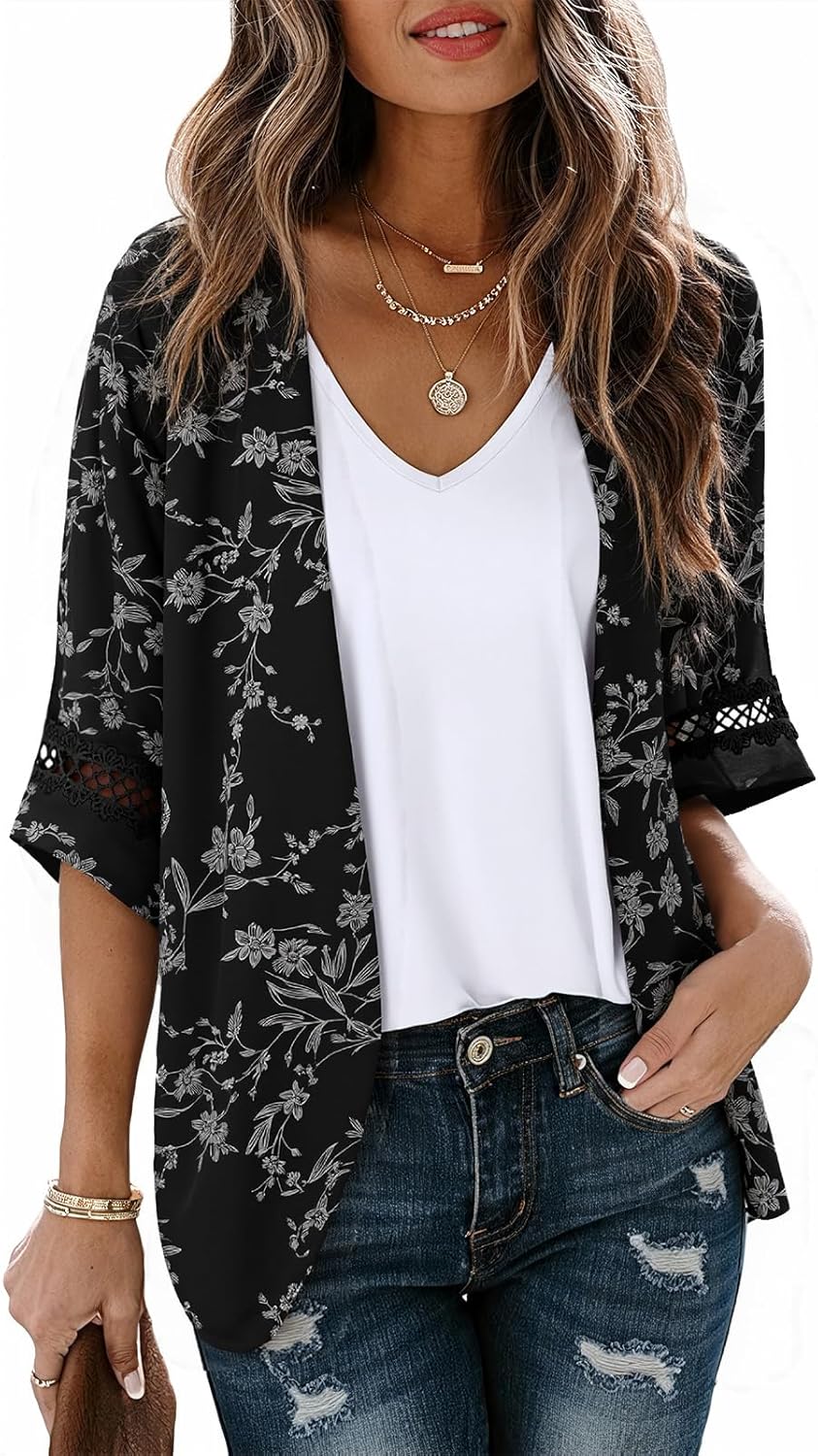 LILBETTER Lightweight Chiffon Kimono Cardigan - Puff Sleeve Lace Cover-Up Blouse for Women | Beach Wear
