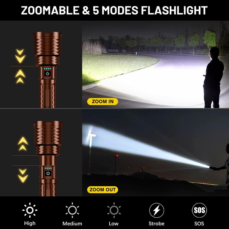 Weoxi Flashlights 5000.000 High Lumens Rechargeable, Super Bright Flash Light, 5 Modes LED Flashlight Adjustable, 31H Long Runtime, Handheld Waterproof Powerful Flashlight for Home Camping Hiking