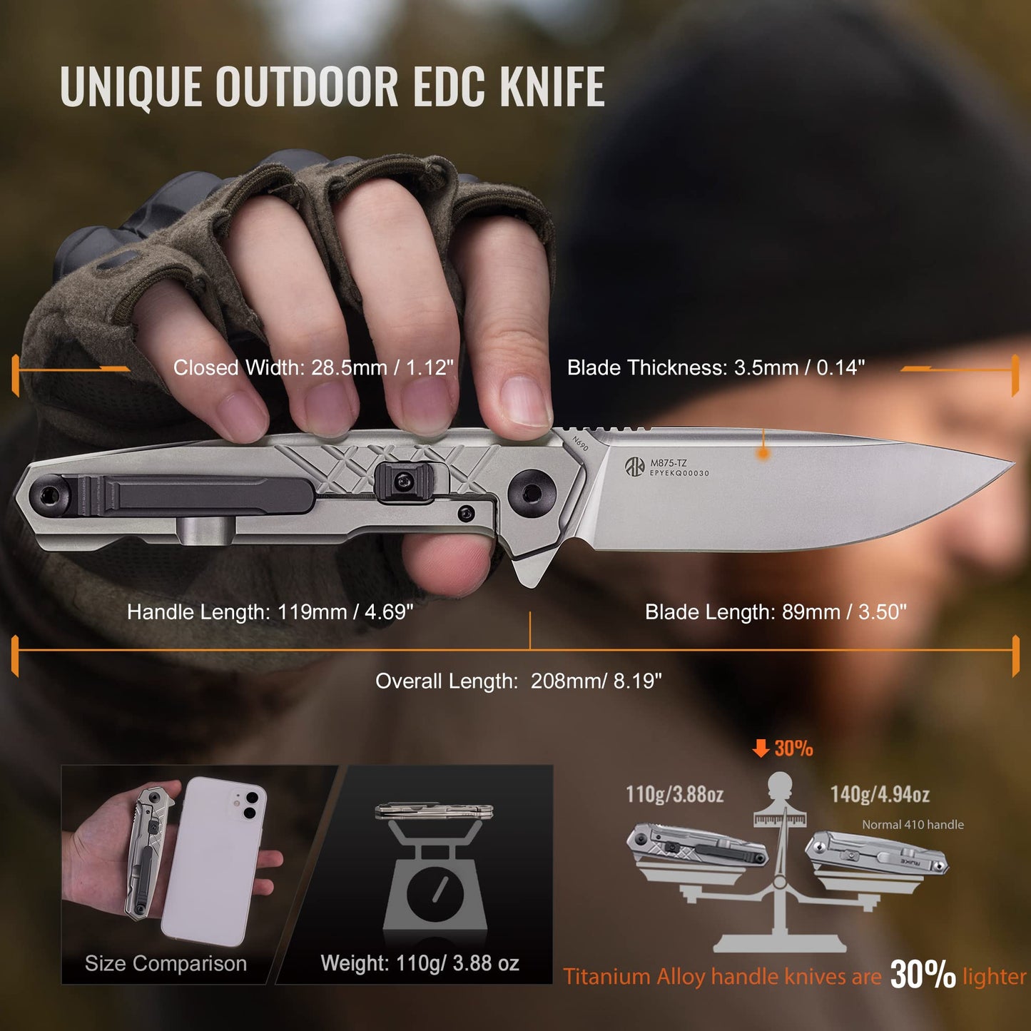 Ruike Tactical Folding Pocket Knife for Men,N690 Stainless Steel Blade,TC4 Titanium Alloy Handle,Frame Lock,Lightweight,Clip Belt Carry,Small Camping Cool Flipper Microtech Elemental Survival Hiking Hunting Outdoor Gadget Gear Tool Father Gifts