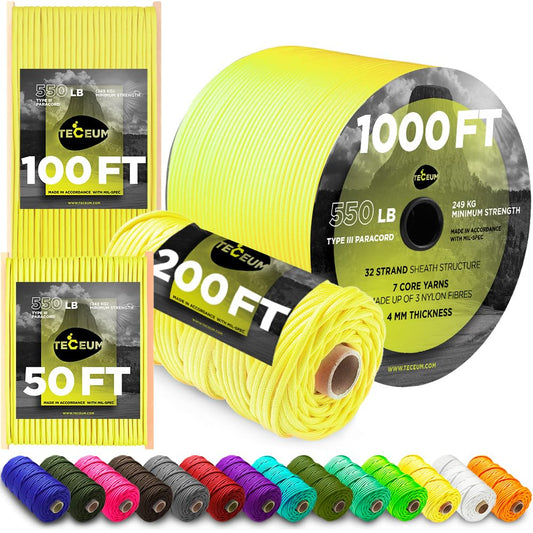 TECEUM Paracord Type III 550 Yellow – 50 ft – 4mm – Tactical Rope MIL-SPEC – Outdoor Para Cord – Camping Hiking Fishing Gear – EDC Parachute Cord – Strong Survival Rope 019