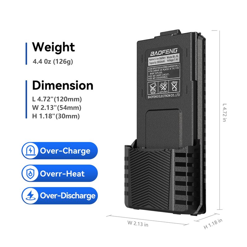 Baofeng 2 Pack UV-5R Battery BF-F8HP Extended Battery BL-5L 3800 mAh with USB-C Charging Cable for UV-5R, BF-F8HP, UV-5X3 Radios High Capacity Ham Radio Rechargeable Batterys