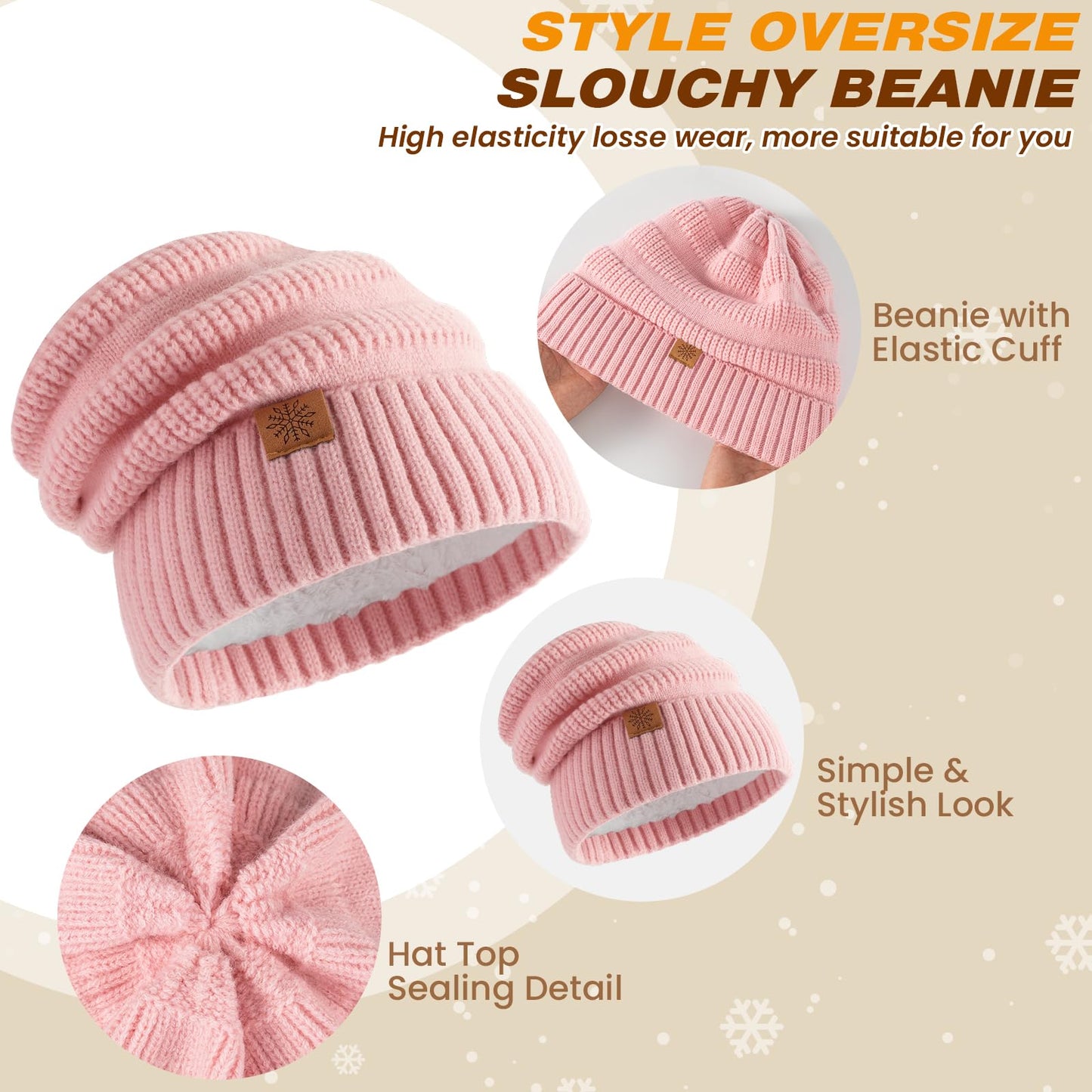 Pleneal Winter Womens Beanie Hat Scarf Gloves Set, Slouchy Beanie Knit Scarf Touchscreen Gloves Warm 3 Gift Set