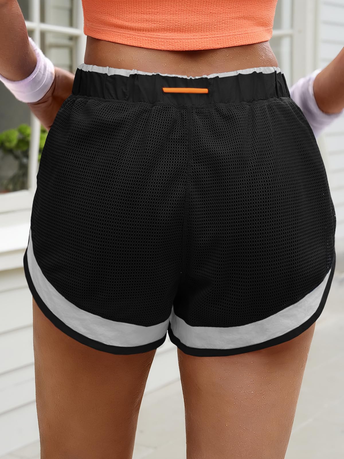 Fisoew Women Athletic Shorts 2 in 1 Running High Split Color Block Workout Yoga Mesh Shorts Pocket Drawstring Black