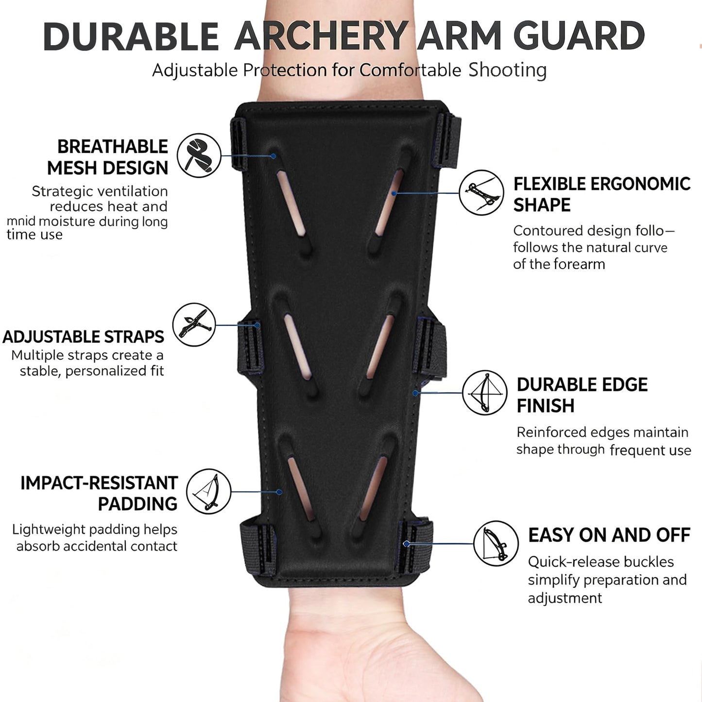 KRATARC Archery Arm Guard Adjustable 3-Strap Accessory Lightweight Hunting Target Practive Adult Unisex (Black, Length 9'')