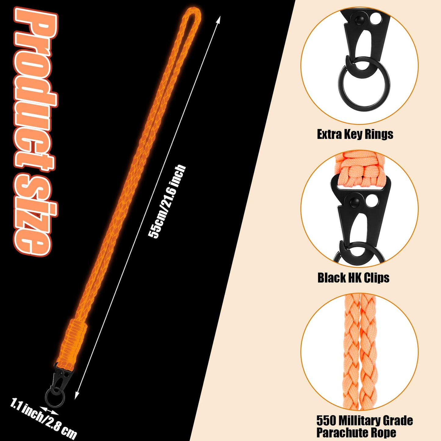 Frienda 2 Set Heavy Duty Paracord Lanyard Keychain Braided 550 Paracord Keychains Necklace with Metal Clip Outdoor Survival Neck Lanyard for Keys ID Card Camera, Camping Traveling(Attractive Orange)