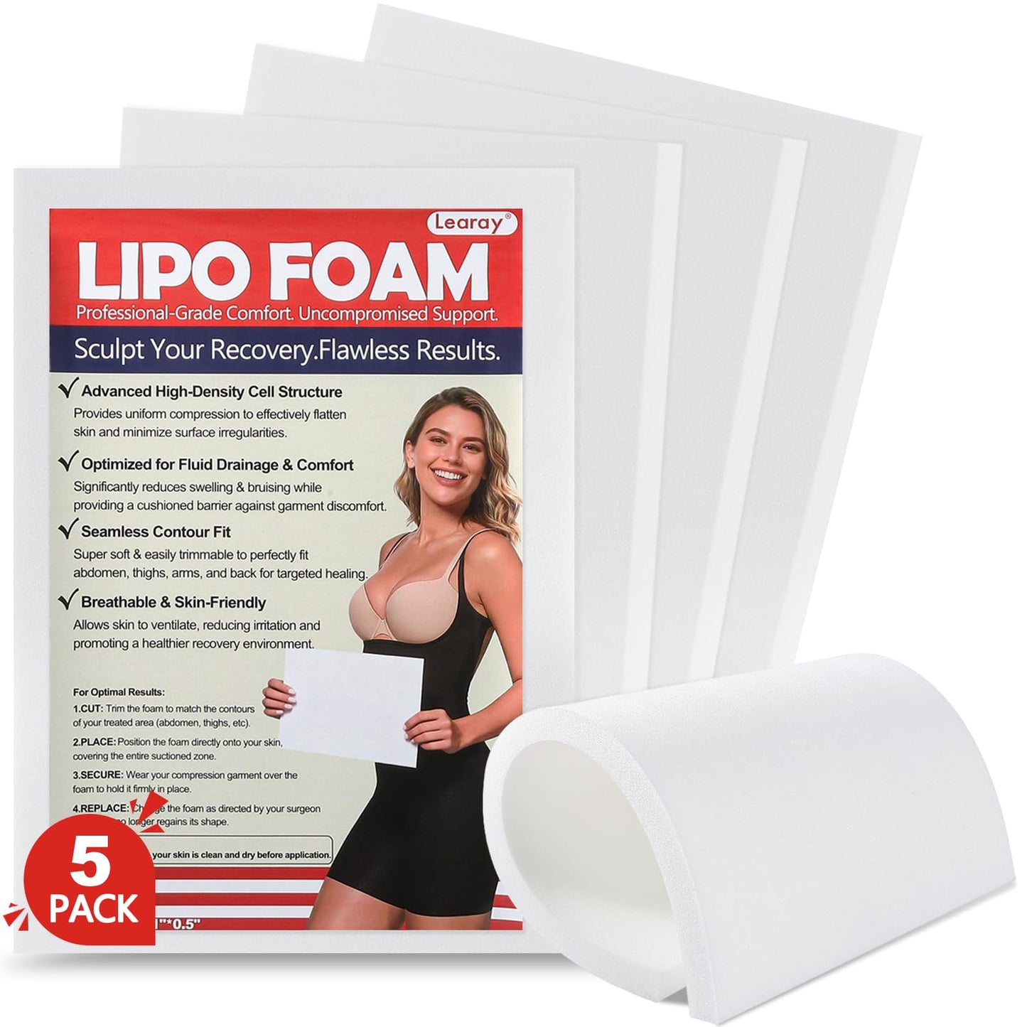 5 Pack Latex-Free Lipo Foam Pads for Post Surgery, 8"x11" Lipo Foams Sheets, Abdominal Compression Board for Post BBL Liposuction Surgery and Used with Compression Garments