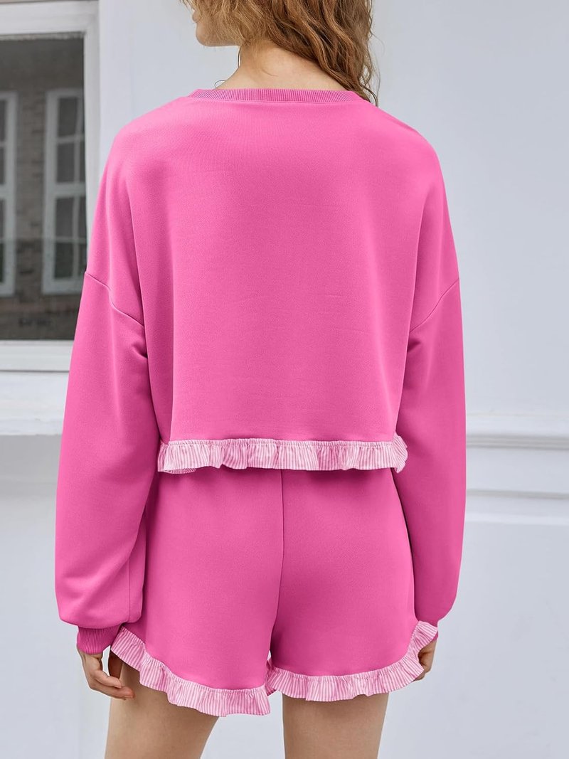 Women's Color Block Ruffle Cropped Sweatshirt & Drawstring Waist Shorts Lounge Set | Comfortable Casual Outfit