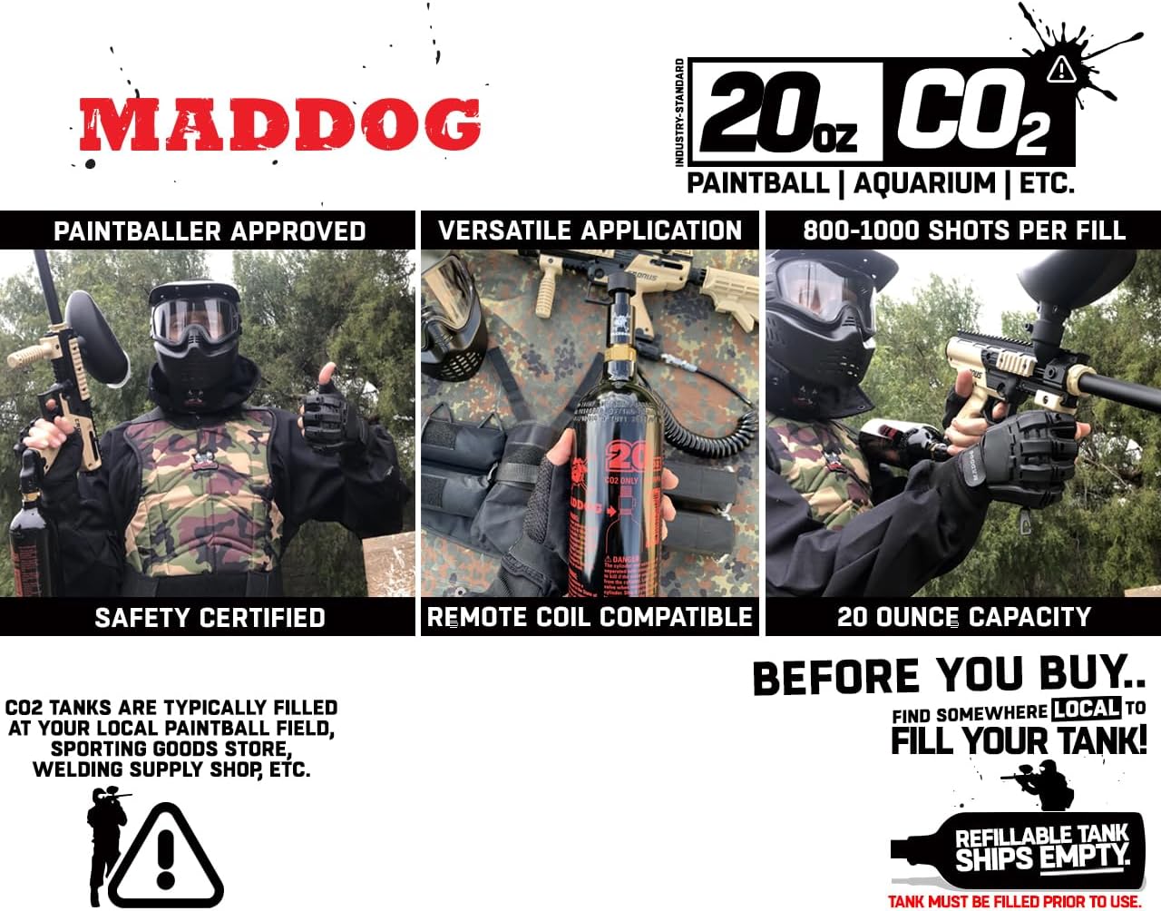 Maddog 20 Oz Refillable Aluminum CO2 Paintball Tank | Lightweight & Durable Design