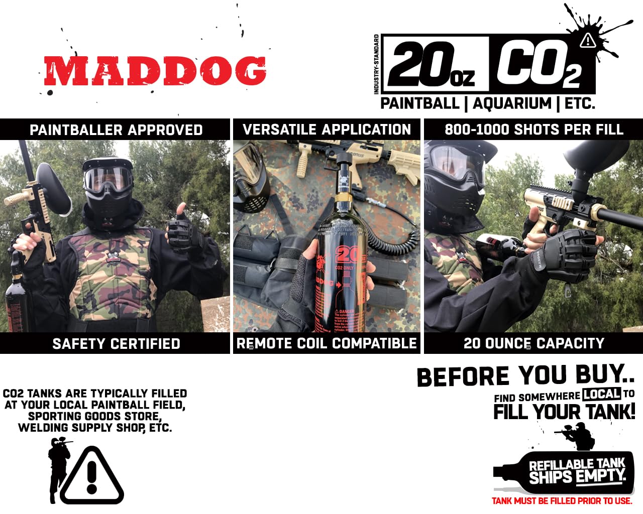 Maddog 20 Oz Refillable Aluminum CO2 Paintball Tank - Ships Empty - 1 Pack