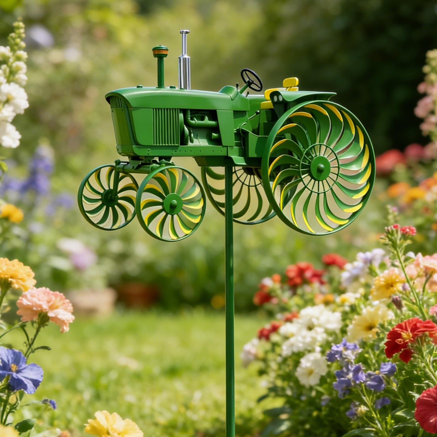 Green Tractor Windmill for Yard and Garden, Metal Wind Spinners Outdoor with Stake, Kinetic Garden Decor, Durable Rustic Farmhouse Yard Decoration (1PC)