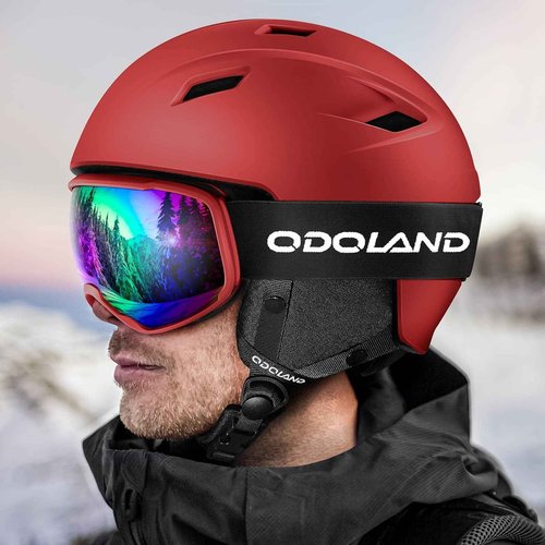 Odoland Ski Helmet and Goggles Set for Adults & Youth, Snowboard Helmet with Goggles - Shockproof Winter Sports Helmet with Protective Shell for Men, Women & Teens, Red, M