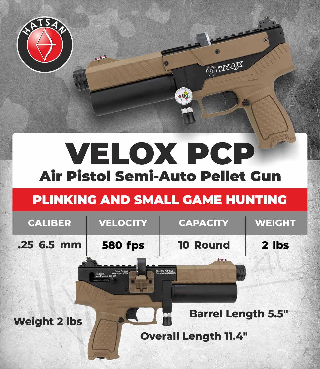 Hatsan Velox PCP Air Pistol .25 Cal Semi-Auto Pellet Gun, 580 FPS, 20 Joules, 10 RDS, Red Dot Sight w/ Wearable4U Pellets and Paper Targets Bundle (FDE, MPN: HGVLX25FDE)