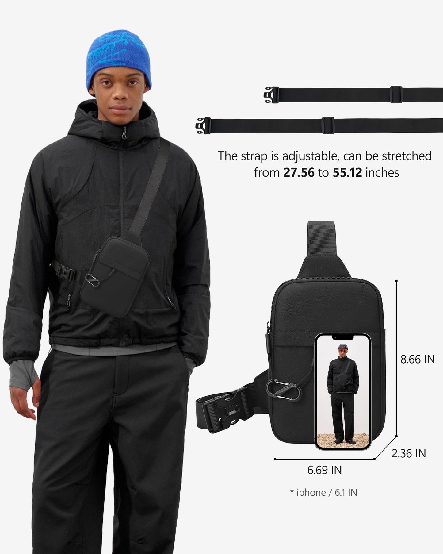 Peicees Small Anti-theft Sling Bag for Men Women Waterproof Mini Crossbody Backpack Chest Bag Travel Passport Phone Holder, Black