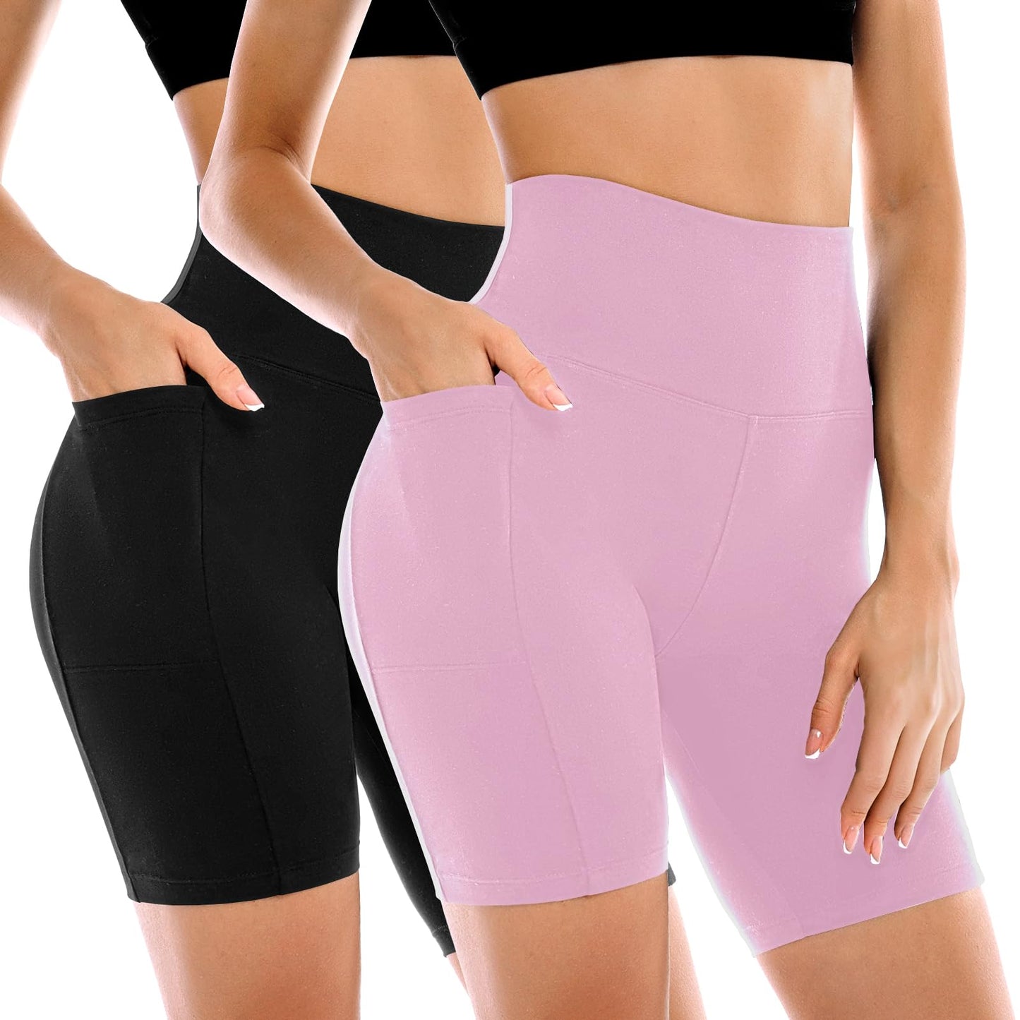 Leafigure 2 Pack Womens Biker Shorts with Pockets, High Waisted Tummy Control Yoga Shorts for Women Running Gym and Workout Black/Pink S-M