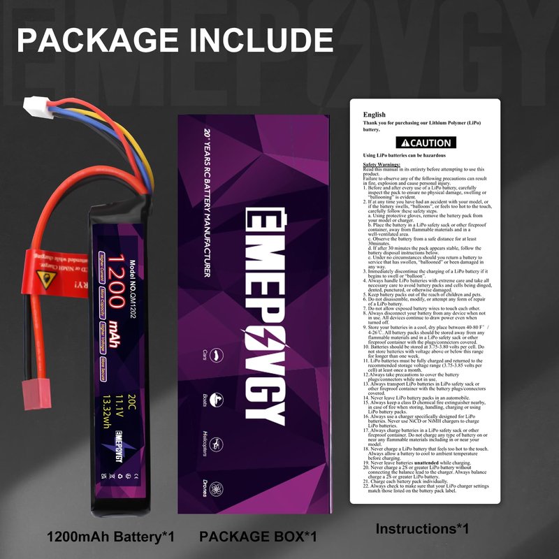 EMEPOVGY 3S Lipo Airsoft Battery 11.1V 1200mAh 20C Rechargeable Lithium Polymer Battery Pack with T Plug for Airsoft Guns Rifle - 2096