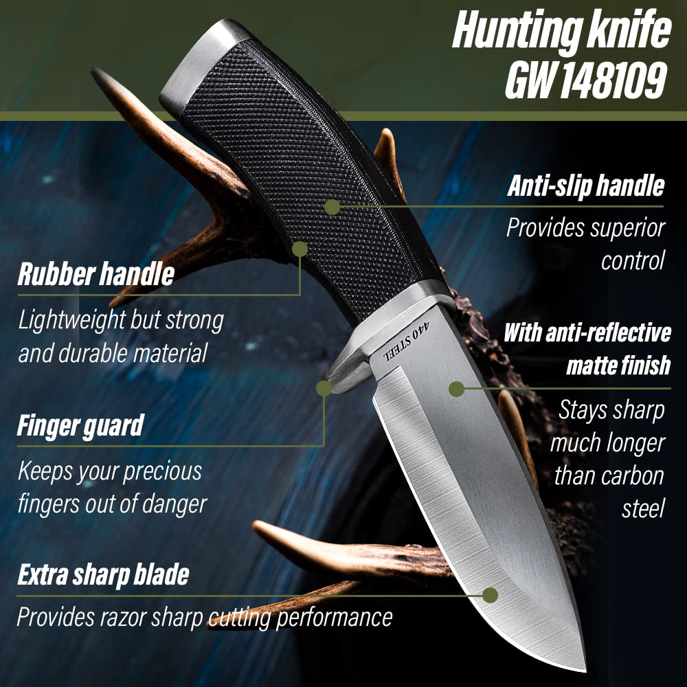 Hunting Knife with Sheath Survival Knives for Men - Best Tactical Camping Hunting Hiking Knife - Bushcraft Field Gear Accessories Tool - Fixed Blade Sharp Knofe with Rubber Handle for Men 148109