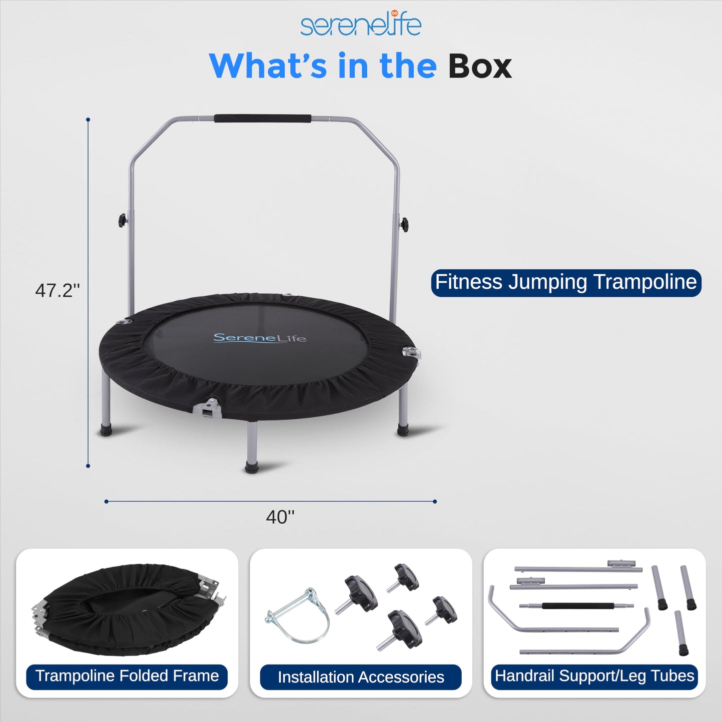 SereneLife 40" Foldable Mini Trampoline - Compact Fitness Trampoline for Kids Adults, Exercise Rebounder with Adjustable Foam Handle, Indoor/Garden Workout Equipment, Max Load 220 lbs, Black
