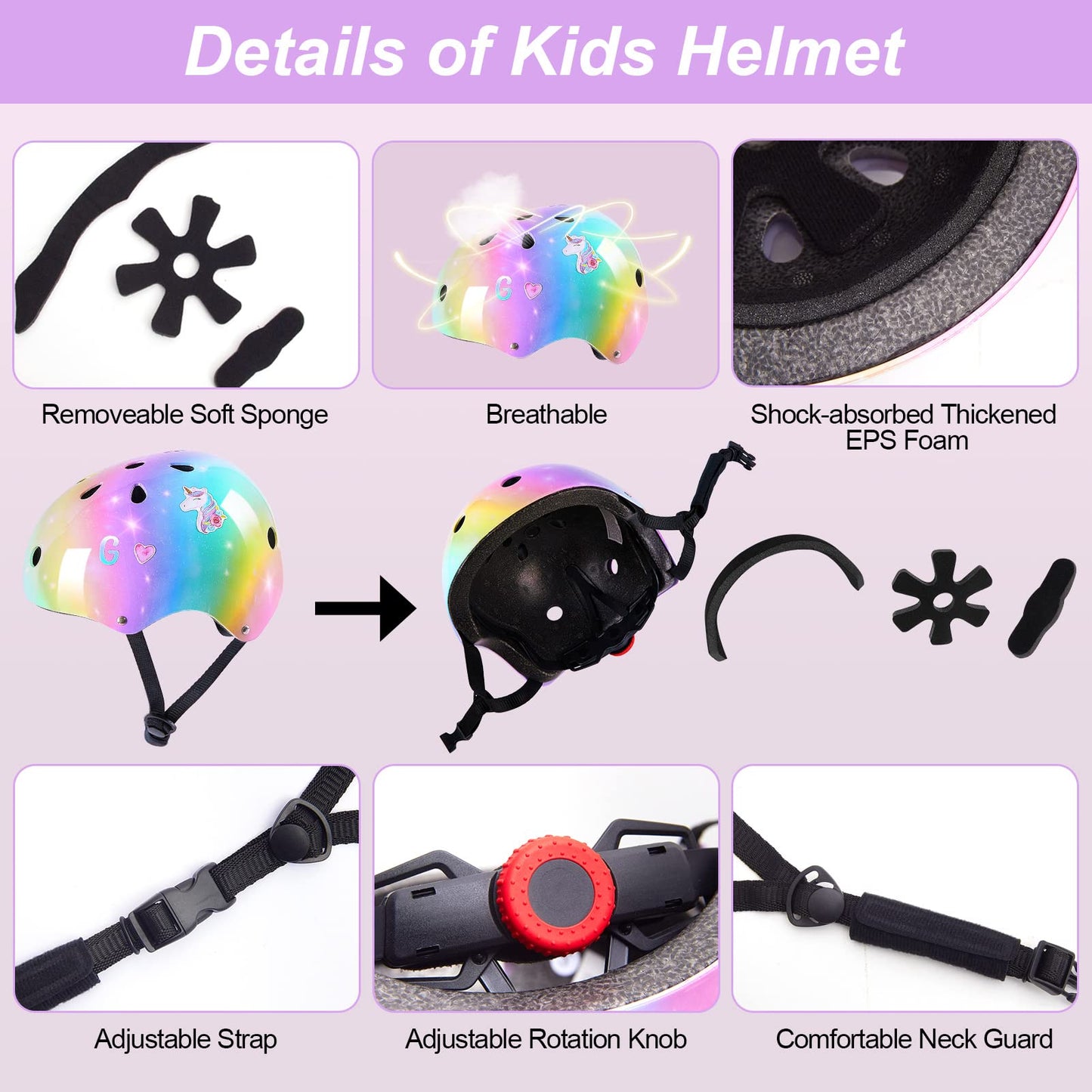 Unicorn Catcher Kids Helmet and Knee Pads Set, Adjustable for Girls Ages 3-8