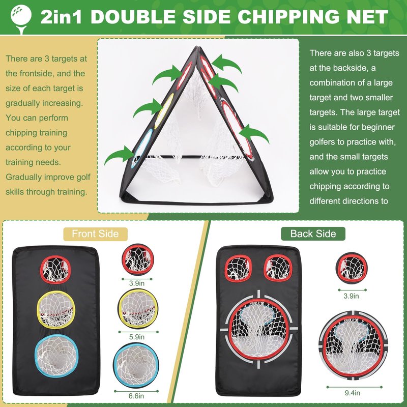 YTOPRO Golf Chipping Net: Ultra-Portable Dual-Sided Triple Target Training System with 400D Canvas for Indoor/Outdoor Backyard Practice – Includes Mat & Foam Balls & Golf Tees (Golfer Gift)
