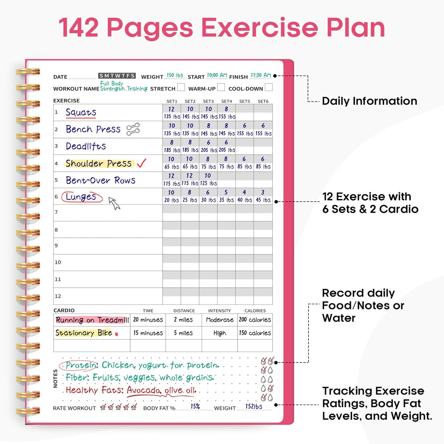 Fitness Workout Journal for Women & Men, A5(5.5" x 8.2") Workout Log Book Planner for Tracking, Progress, and Achieving Your Wellness Goals-Berry Pink