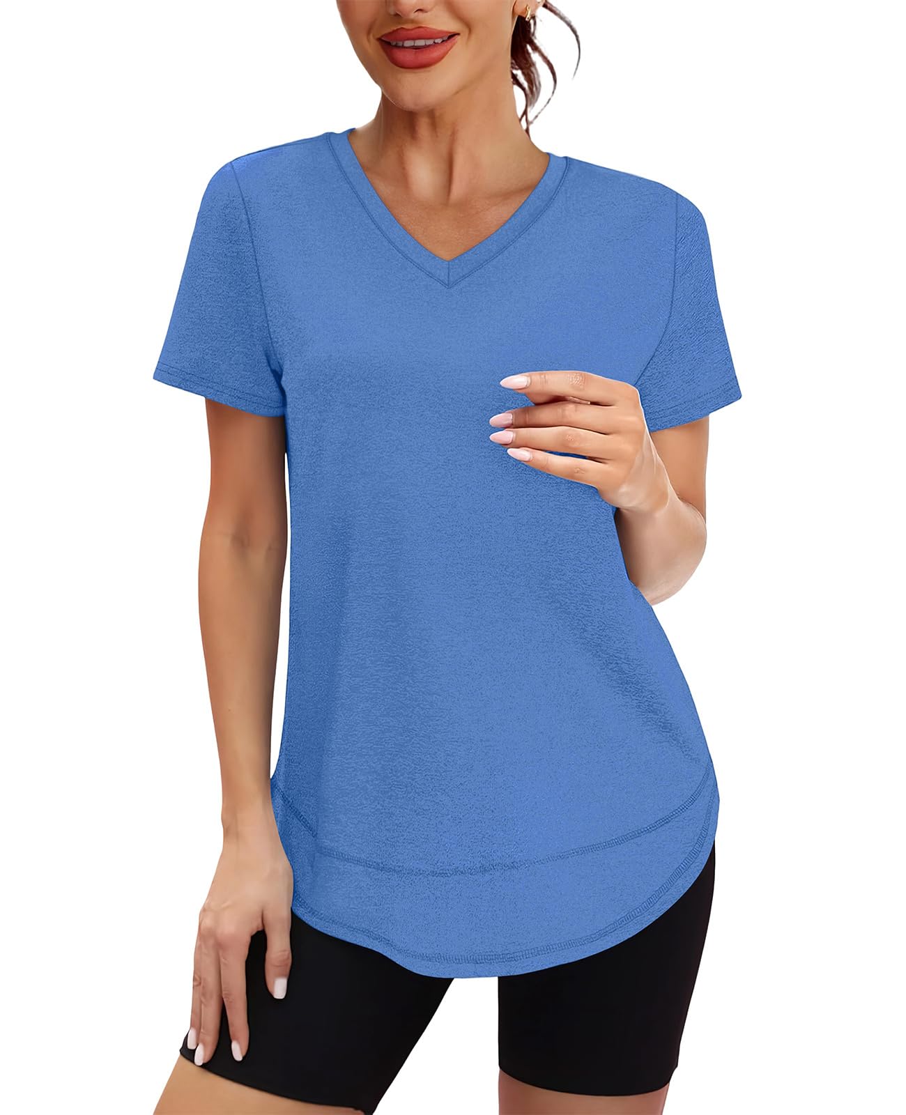Short Sleeve Shirts for Women Workout Pilates Outfits Tennis Summer Tops 2026 Beach Vacation Clothes V Neck Blue M