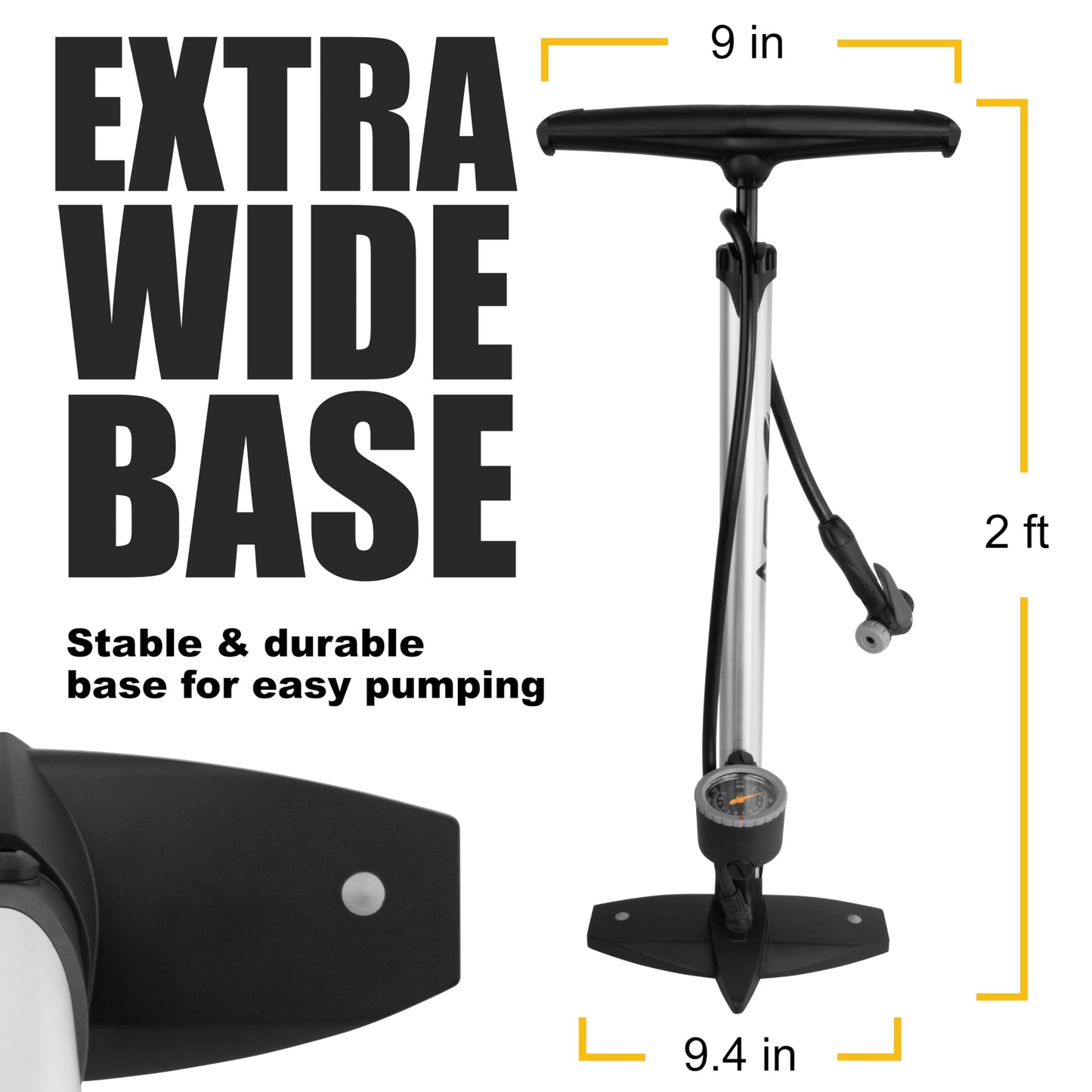 BV Bicycle Pump Durable Bike Floor Pump 17/24 inch Smart Valve Head, 160 psi, Automatically Reversible Presta and Schrader (Regular - Silver)