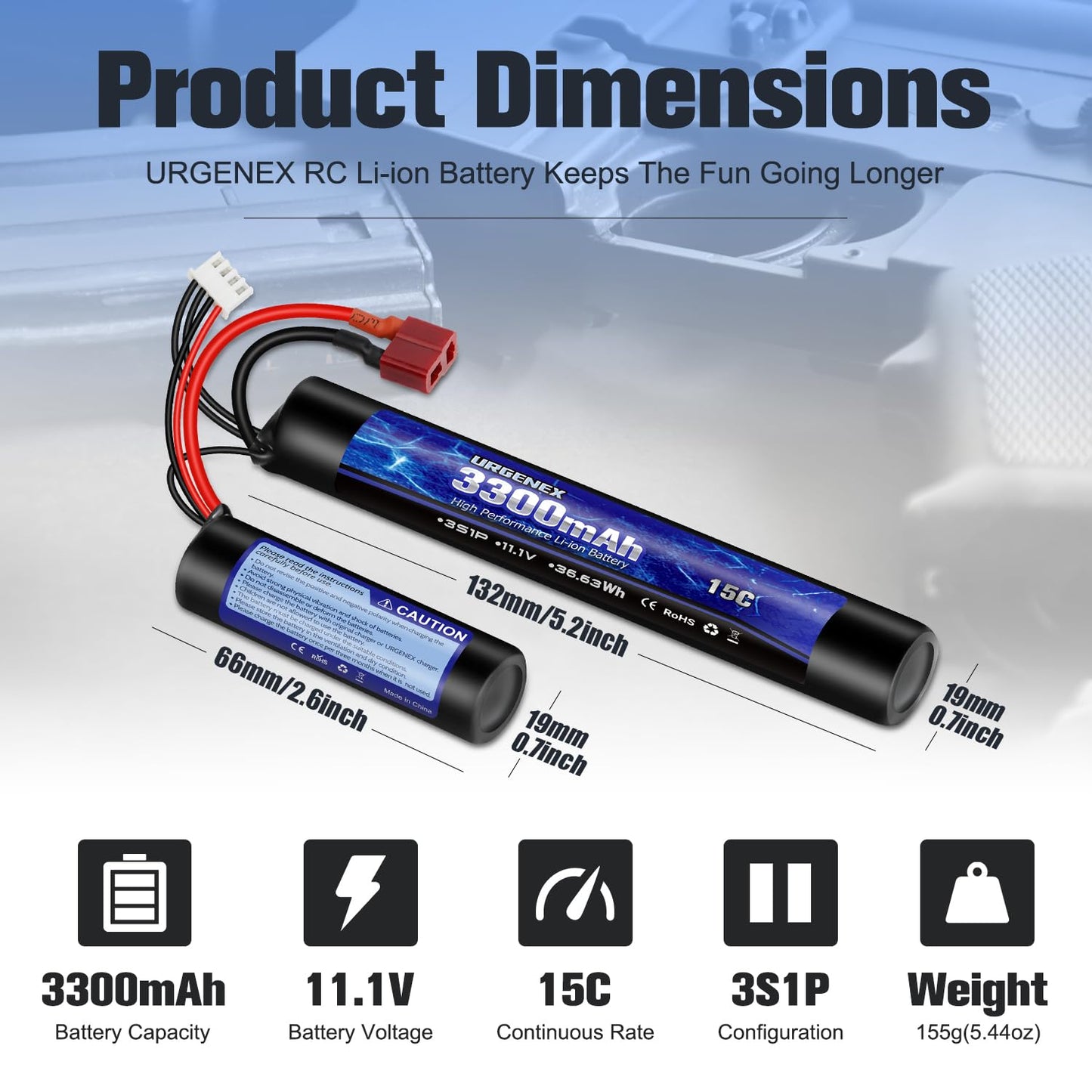 URGENEX Airsoft Battery 3300mAh High Capacity 11.1V Nunchuck RC Battery with Dean-Style T Plug & Mini Tamiya Cable 3S Butterfly Stick Airsoft Li-Ion Fit for aeG AK47 M4 MP5 and Most Airsoft Gun Rifle