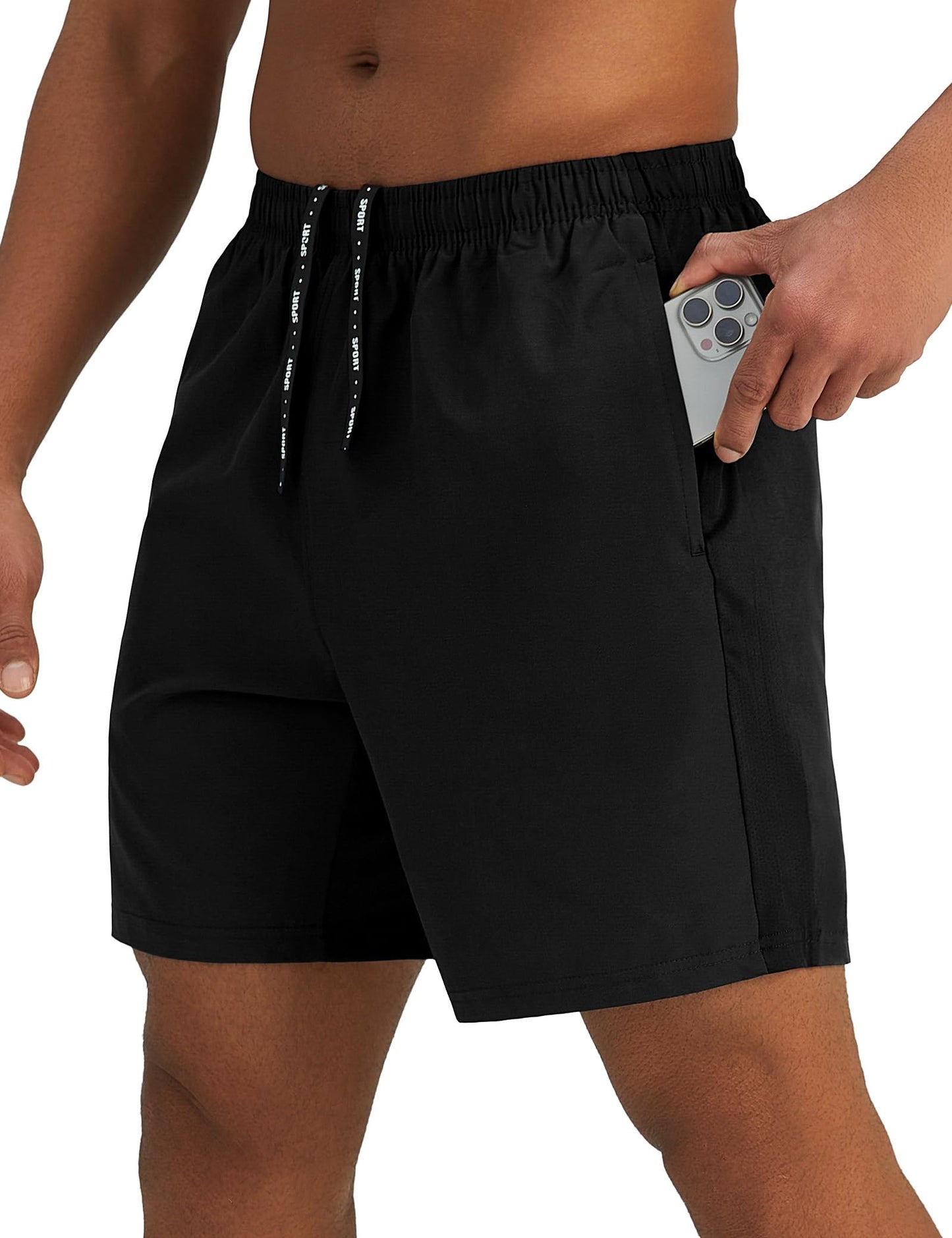 Pesfix Mens 7'' Lightweight Athletic Shorts Quick Dry Gym Workout Running Shorts with Zipper Pockets Black,Large